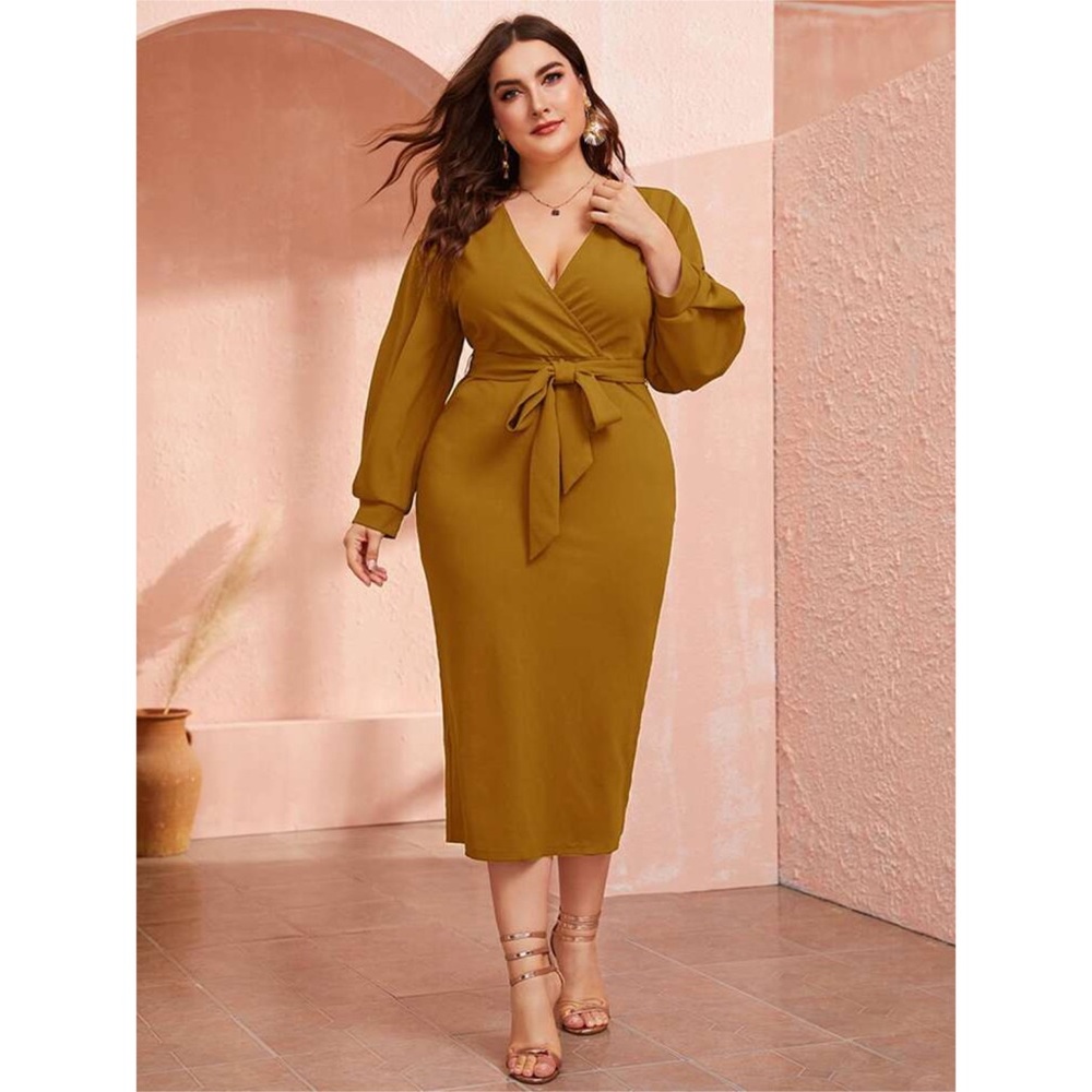 Shein Plunging Neck Wrap Belted Pencil Dress 1XL